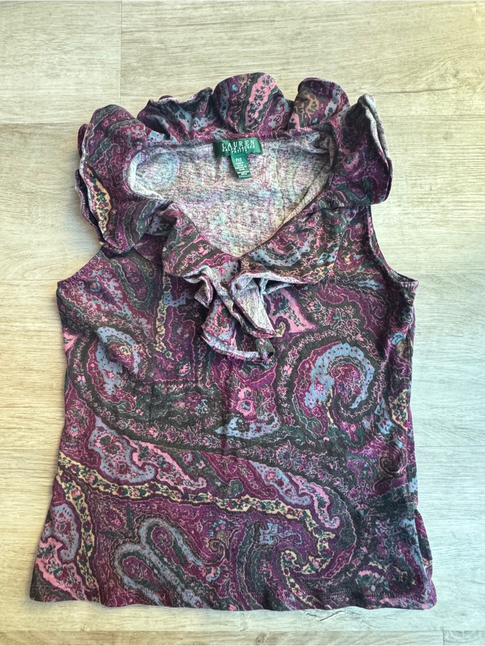 Lauren Ralph Lauren L 100% Cotton Sleeveless Ruffle Collar Burgundy Paisley Top
